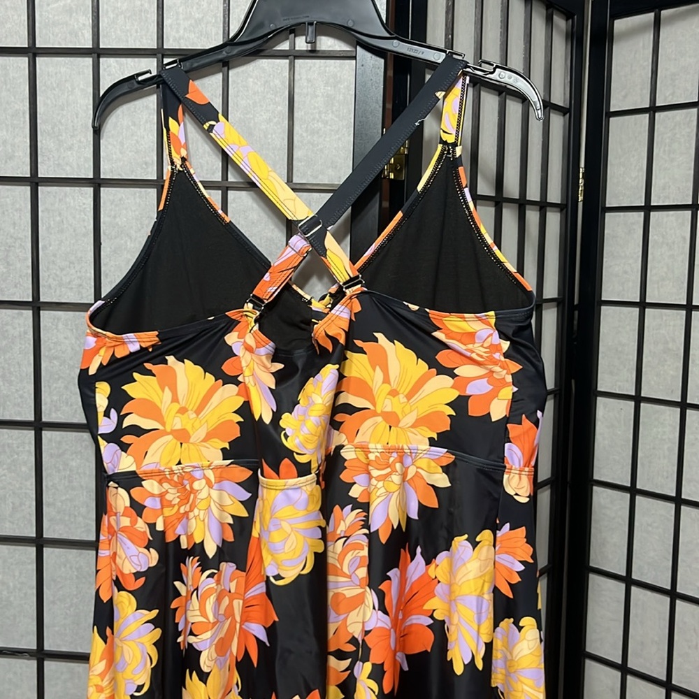 Swimsuit Top Elegant Floral Tankini Dress,  Orange and Black Size 24